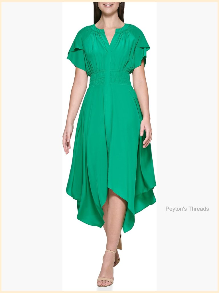 Short Sleeve Smocked Waist Midi Dress With Notch Neck